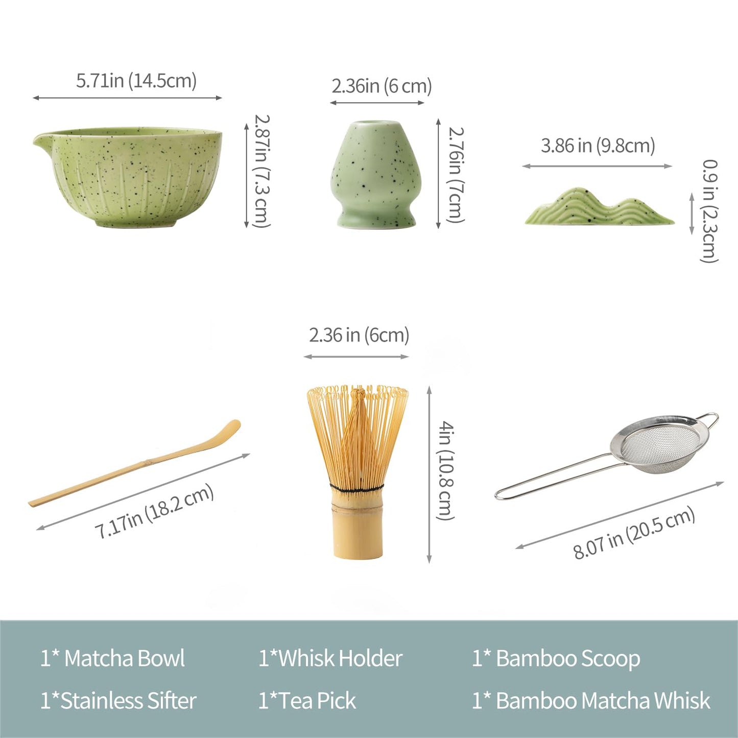Matcha Set, Matcha Whisk and Holder, Bamboo Matcha Scoop and Stainless Steel Sifter - 7Pcs Gradient Green Matcha Kit for Matcha Lover