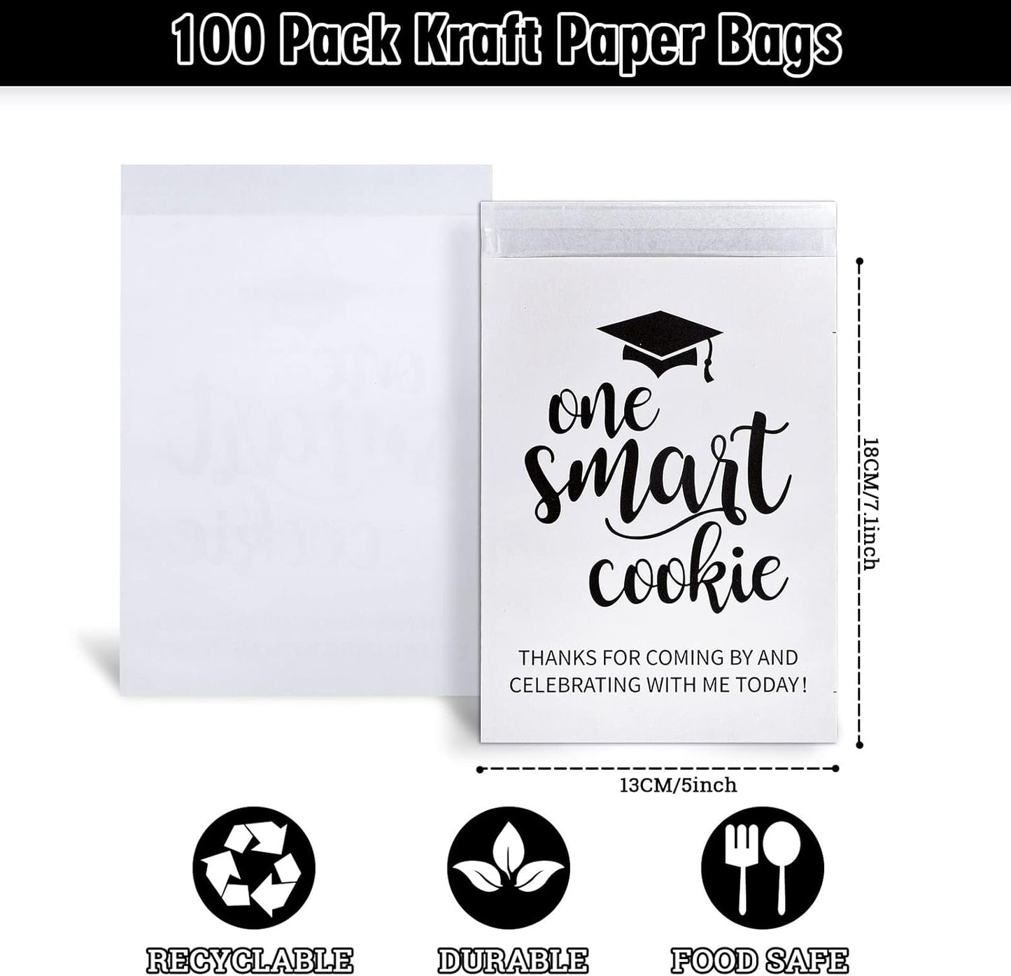 Whaline Graduation Candy Gift Bags - 100 Pack Self-Adhesive White Kraft Treat Bags for 2026 Celebrations