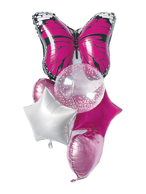 Foil Balloon Set, 6 Balloons with Butterfly Design, Pink, White, Polka Dot
