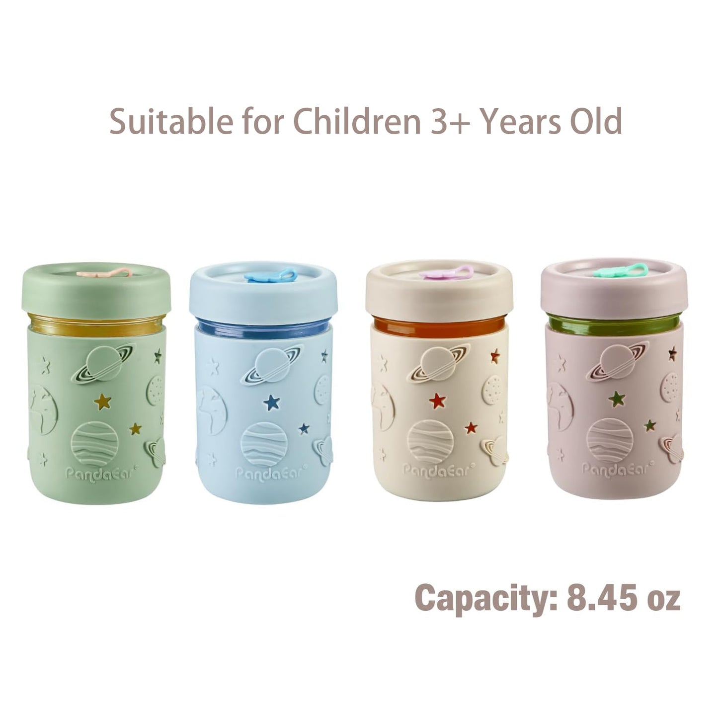 PandaEar 4 Pack Kids & Toddler Glass Cups, Glass Mason Jar Cups 8.45 oz with Silicone Sleeves & Straws, Toddler Spill-Proof Smoothie Cups for Children Ages 3+