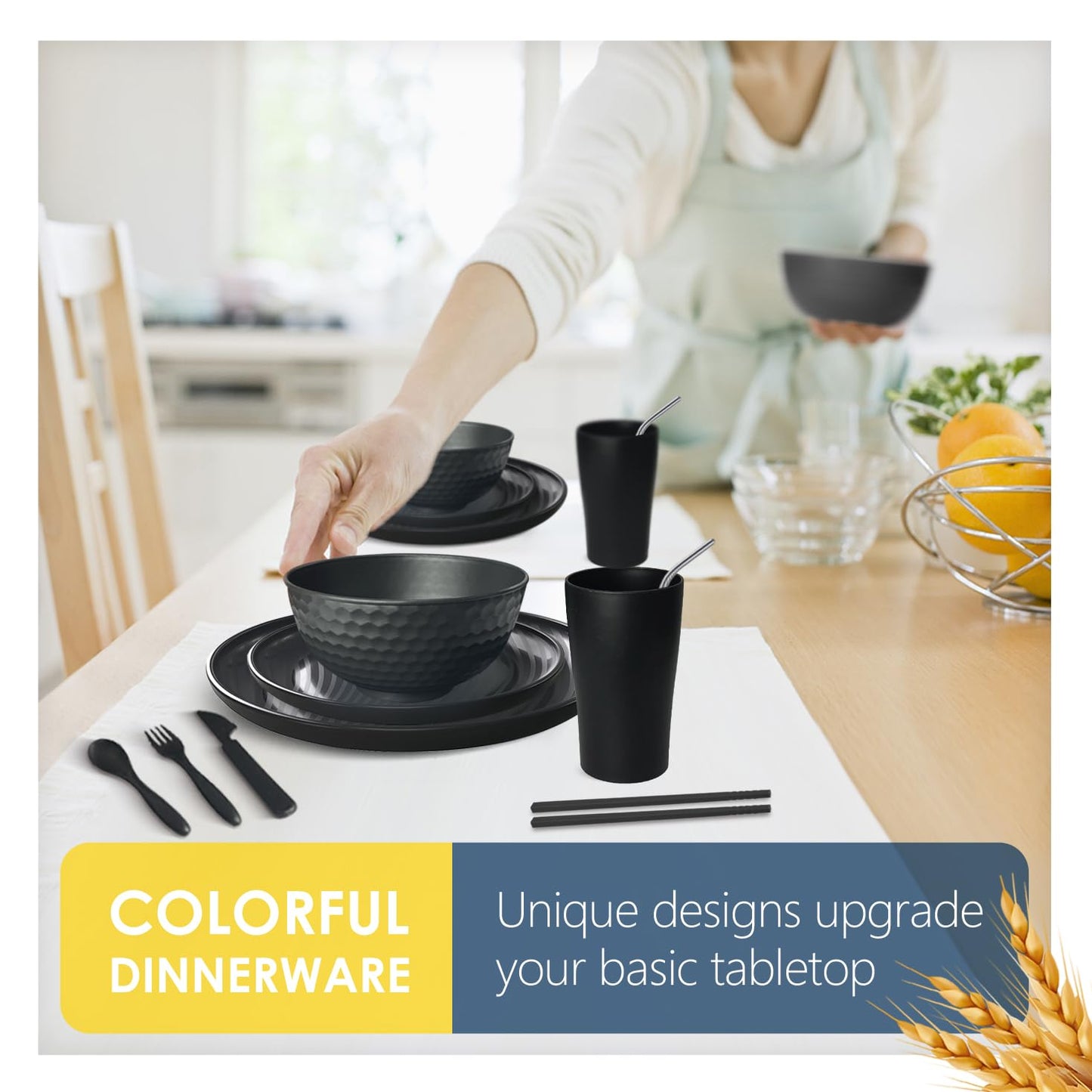 Teivio 88-Piece With Flatware Kitchen Plastic Wheat Straw Dinnerware Set for 8, Dinner/Dessert/Appetizer Plates, Cereal Fruit Bowls, Pasta Bowls, Cups, Unbreakable Dishwasher Safe Outdoor Dish, Black
