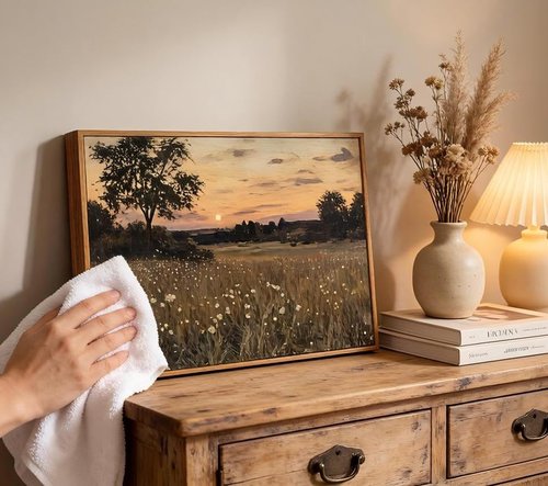 Framed Vintage Farmhouse Canvas Wall Art - Rustic Wildflower Field Landscape Painting | 16x24