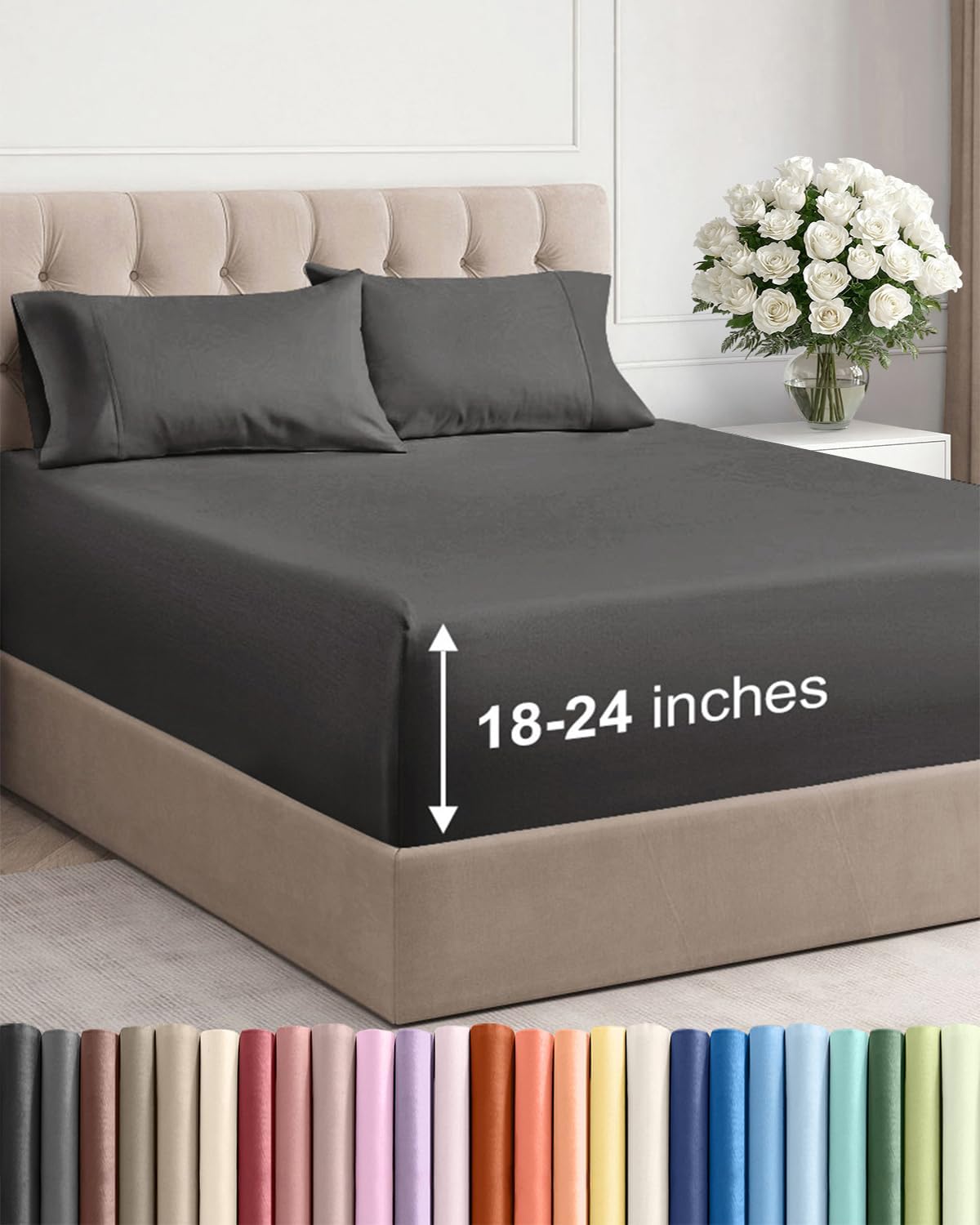 Skiennix Extra Deep Twin Sheet Set - 4-Piece Breathable Cooling Bedding - Soft, Wrinkle-Free Charcoal