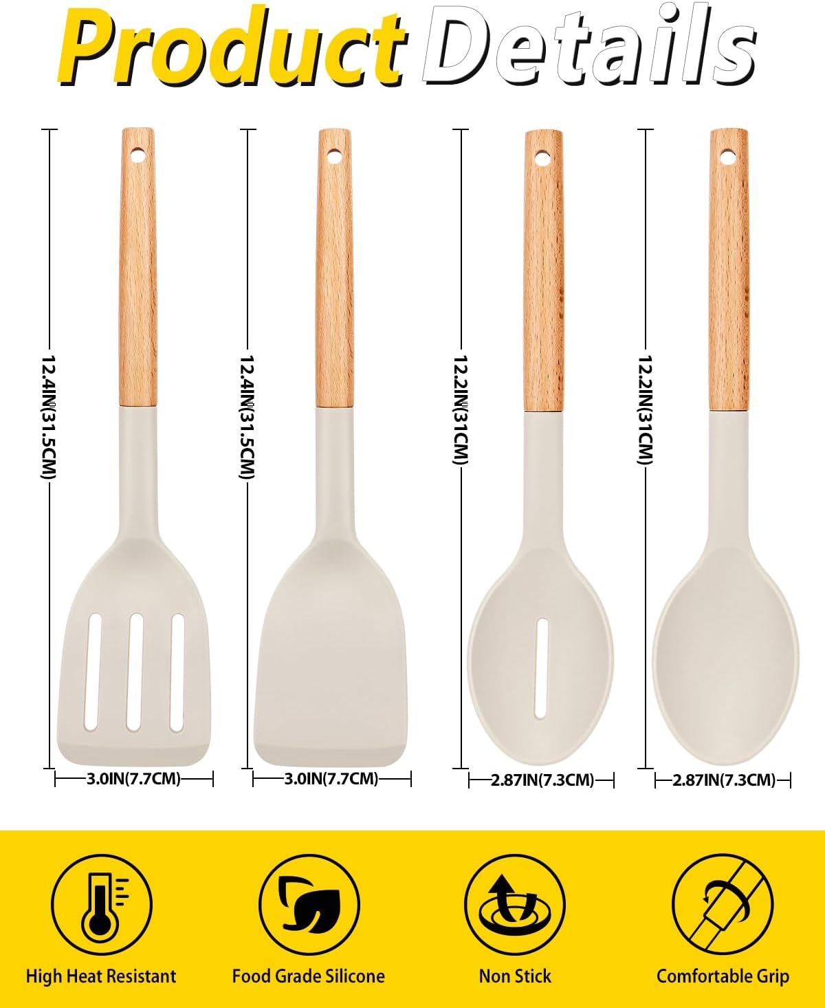 Skiennix Silicone Cooking Utensils Set - Non-Stick Spatulas & Heat-Resistant Spoons | 4-Piece Khaki Set
