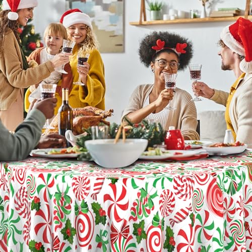 Jectivs 6-Pack 84-Inch Red Green Candy Cane Disposable Tablecloths – Round Plastic Christmas Party Cover