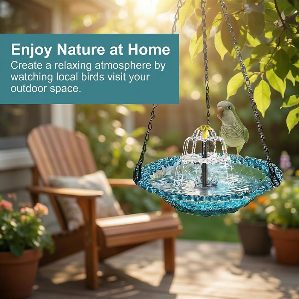 Skiennix Solar Hanging Hummingbird Bath Fountain - Glass Bowl Water Feature for Garden & Patio (Blue)