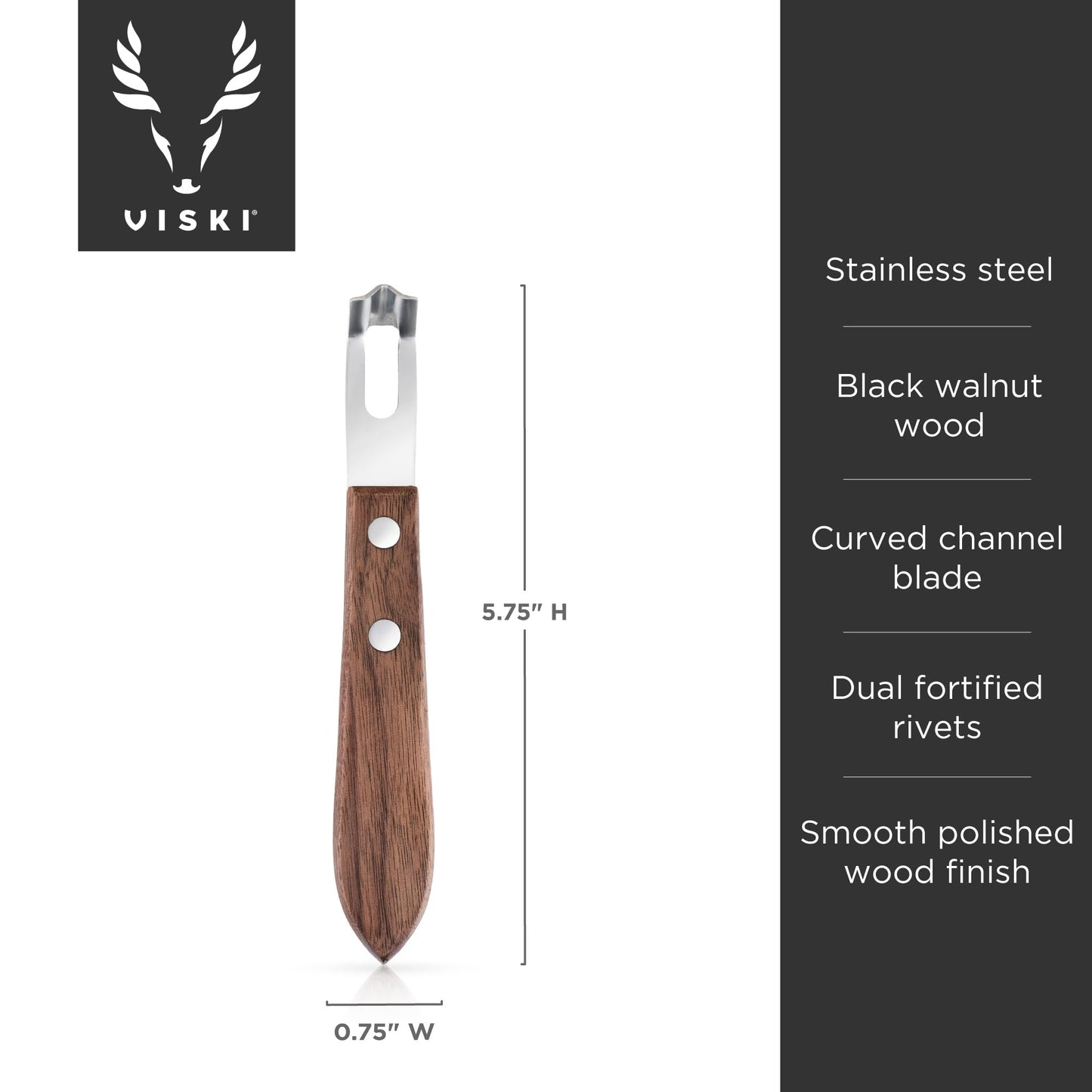 Viski Channel Knife, Citrus Zester and Orange Peeler Tool, Walnut Wood and Stainless Steel Bar Tool for Cocktail Garnishes, Perfect for Home Bars, Craft Cocktails and Bartender Gifts, Set of 1