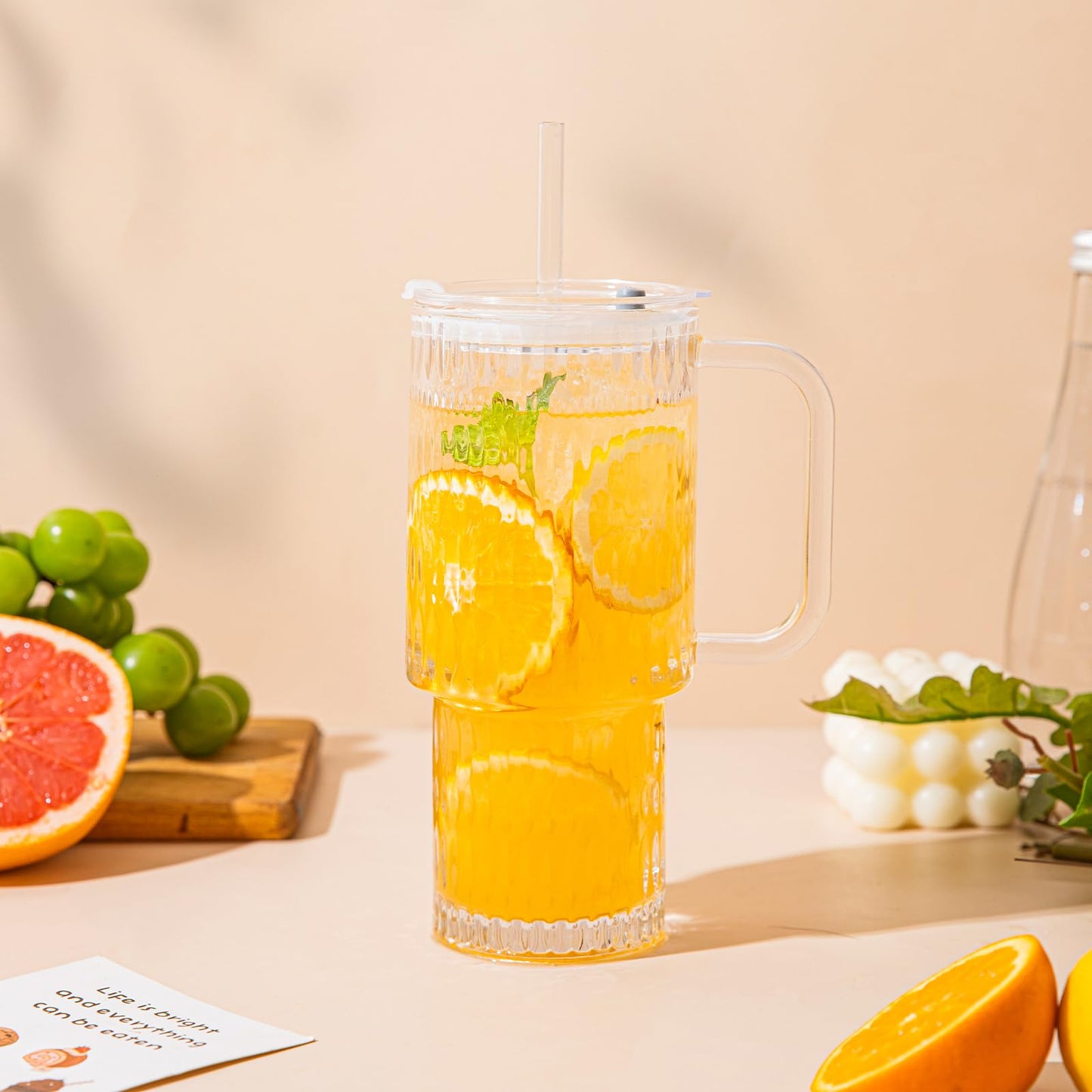 SoulTimes 26oz Raindrop Glass Tumbler with Handle - Set of 2, Reusable Iced Coffee Cup, Glass Cup with Lid and Straw for Smoothies, Juice, Coffee, Tea, Milk & More