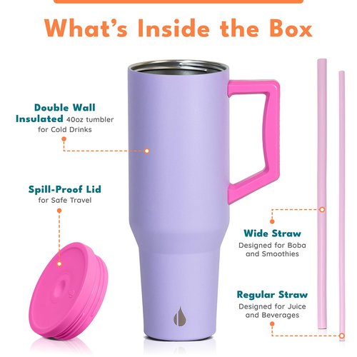 Elemental 40 oz Tumbler with Handle and Straw - Spill Proof Insulated Stainless Steel Commuter for Cold Beverages - Travel Coffee Mug with 2 Straws & Spill Proof Lid - 40oz - Lilac Tie Dye
