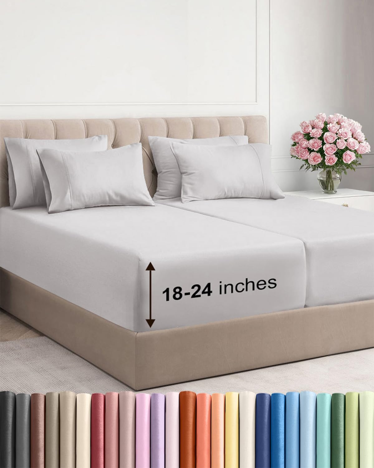 Skiennix Extra Deep Split King Sheet Set - 7 Piece Breathable Cooling Bedding - Soft Wrinkle-Free French Grey