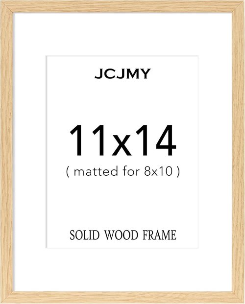 JCJMY Solid Wood Picture Frame - Display 8x10 with Mat or 11x14 Without - Natural Finish, Shatter Resistant Plexiglass