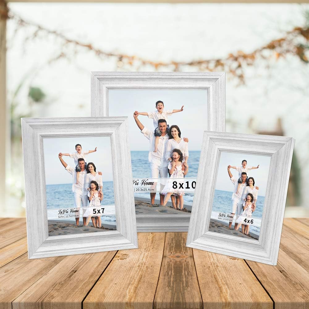 LaVie Home 5x7 Picture Frames - Rustic Distressed White Wood Grain | 3 Pack with High Definition Glass for Wall & Table Display