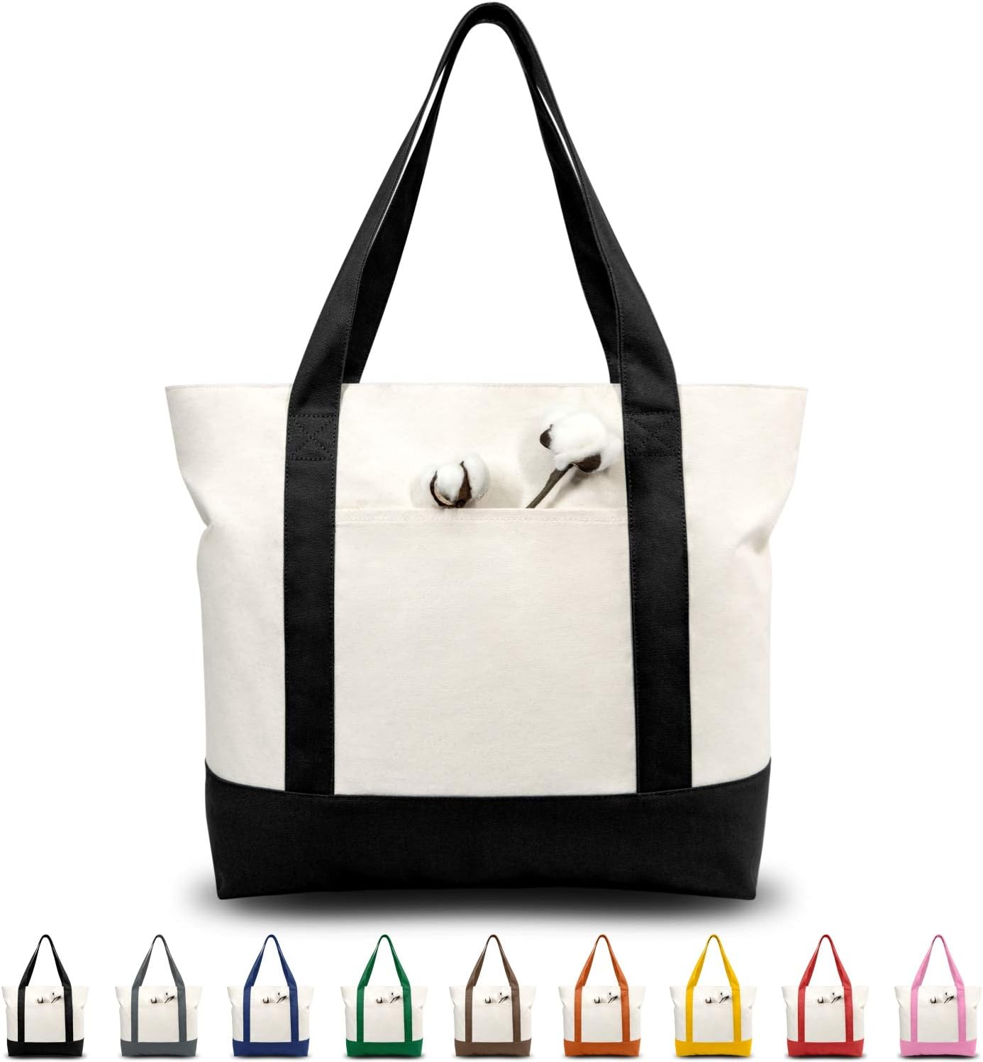 TOPDesign Canvas Tote Bag - Reusable Grocery Shopping Bag with External Pocket, Zipper Closure | Black/Natural, Pack of 1