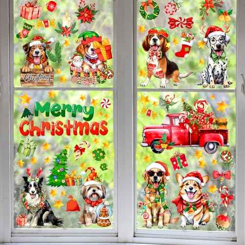 Geyoga 6 Sheets 98 Pcs Christmas Window Clings Stickers Pet Dog Window Clings Reusable Christmas Puppy Window Sticker Decor Decal Sticker for Home Party Shop Showcase Supplies(Christmas Dog)