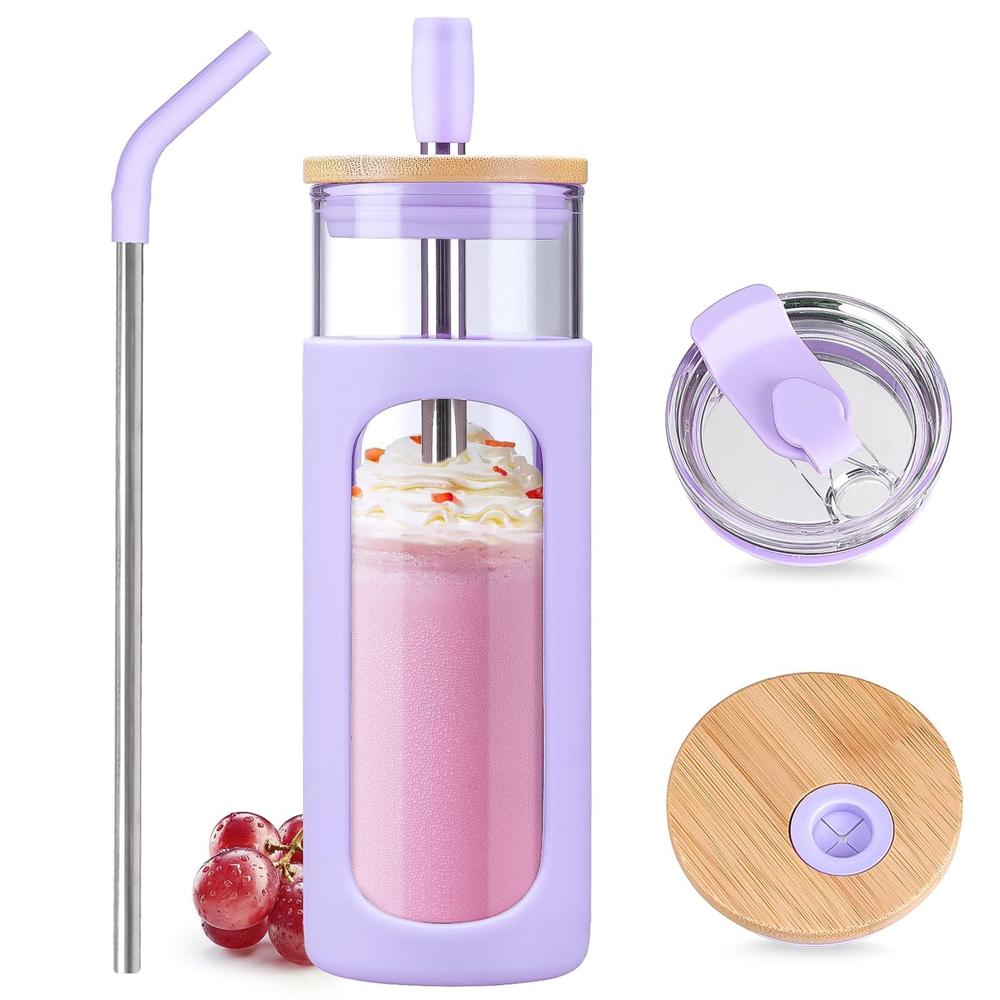 Kodrine 24oz Glass Tumbler with 2 Lids and Straws, Glass Cup With Bamboo Lid and On-the-go Lid, Reusable Iced Coffee Cup, Ideal for Smoothie, Cold Drinks, Fit Cup Holder, BPA Free (1, Purple)