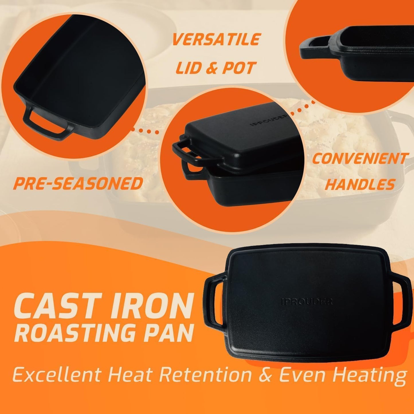 Skiennix 2-in-1 Pre-Seasoned Cast Iron Casserole Dish - Rectangular Dutch Oven, 13"x9" Baking Pan for Lasagna & Sourdough Bread