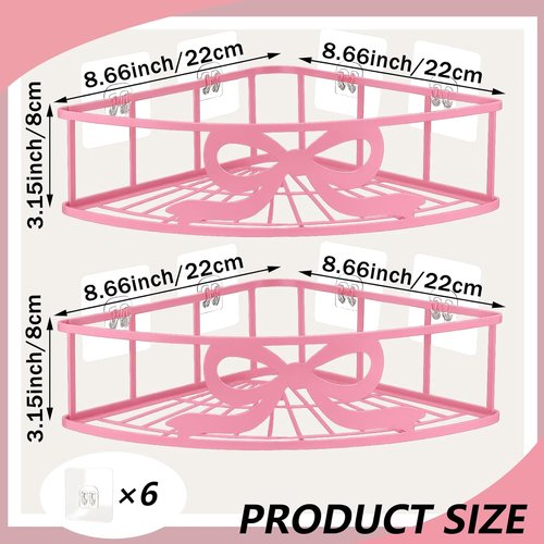 Coquette Corner Shower Caddy - No Drilling Pink Bow Shelves with 5 Adhesive Hooks | 2 Pack for Bathroom & Kitchen Decor