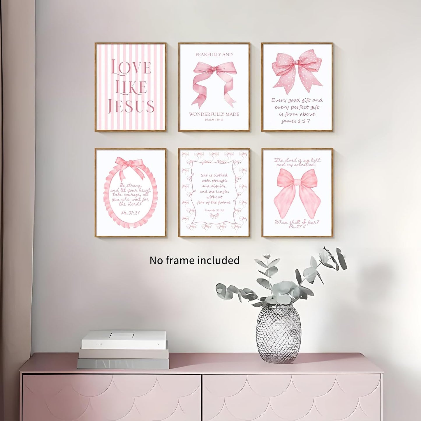 Skiennix 3-Piece Pink Bows Wall Art - Cute Bible Verse Prints for Girls' Rooms | 8x10 Inch Decor