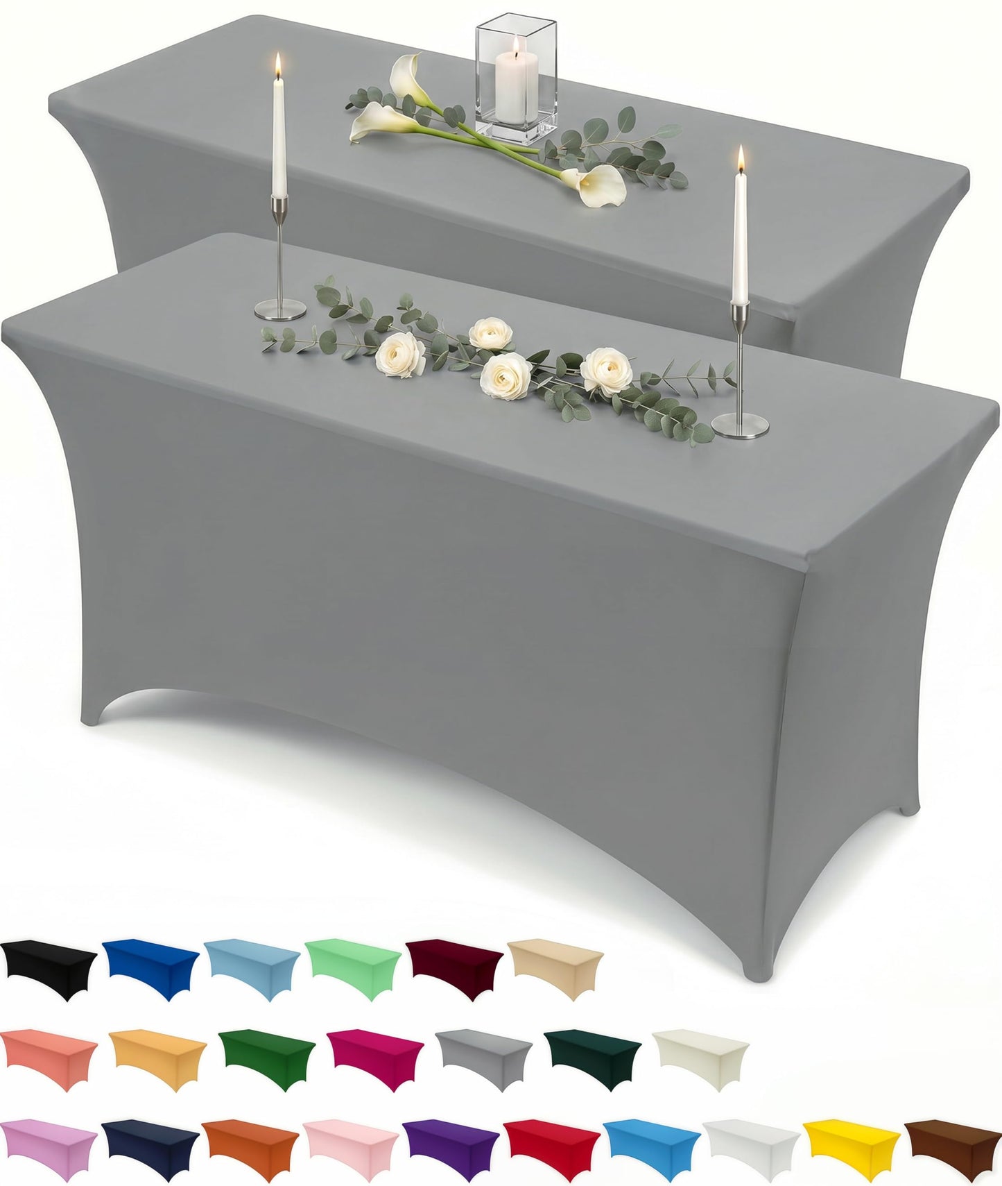 Utopia Kitchen Spandex Tablecloth 2 Pack [8FT, Grey] Tight, Fitted, Washable and Wrinkle Resistant Stretch Table Cloth Rectangle Cover for Trade Show, Weddings & Parties [96Lx30Wx30H Inch]