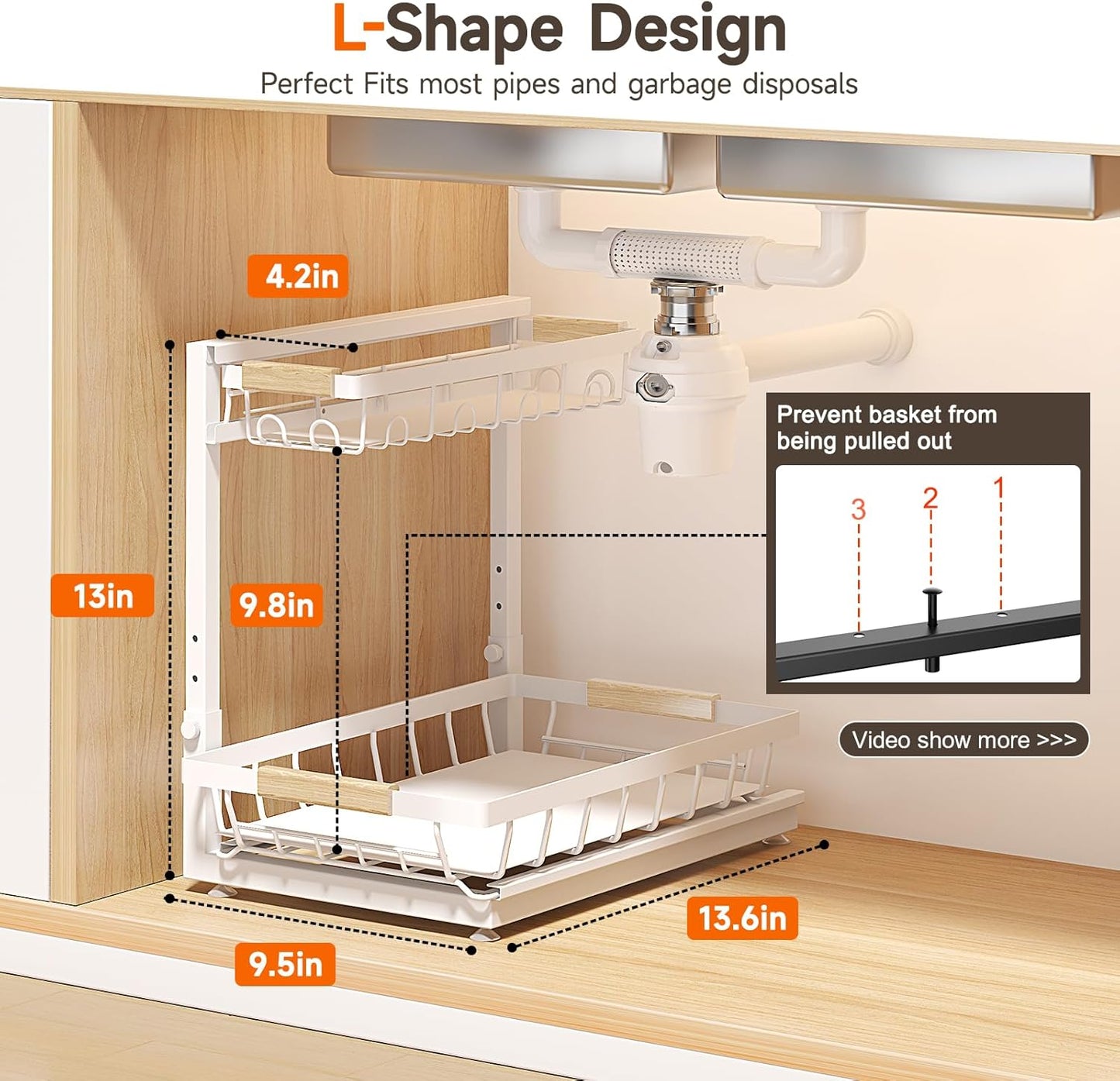 Sevenblue Under Sink Organizer - Height Adjustable 3-Tier Storage Shelf for Kitchen & Bathroom (White, Large)