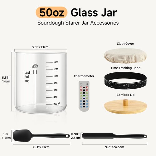 HomeFeel Premium Sourdough Starter Jar - 50 oz Large Glass Jar with Bamboo Lid, Cloth Cover, Date Tracker, Thermometer and Scraper, Stylish Design and Wide Mouth Starter Kit