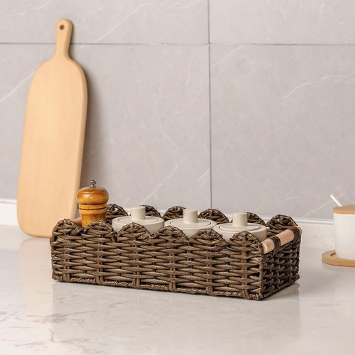 CubesLand Wicker Floating Shelves Baskets - Scalloped Edge Toilet Paper Organizer | Brown Rattan with Wood Handle