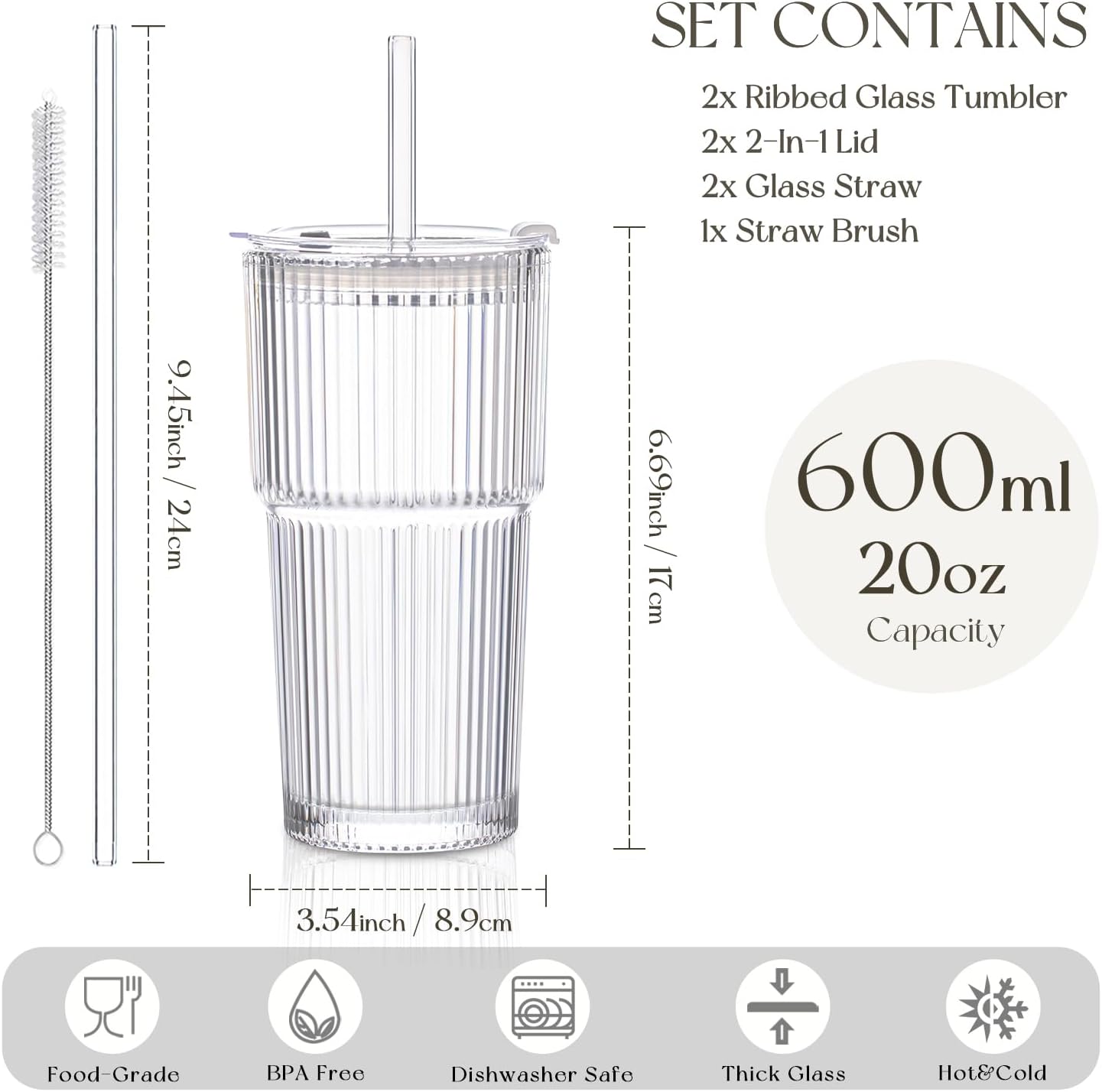 KEMORELA 20 oz Ribbed Glass Tumblers - Vintage Iced Coffee Cups with Lids & Straws | Reusable Clear Glassware