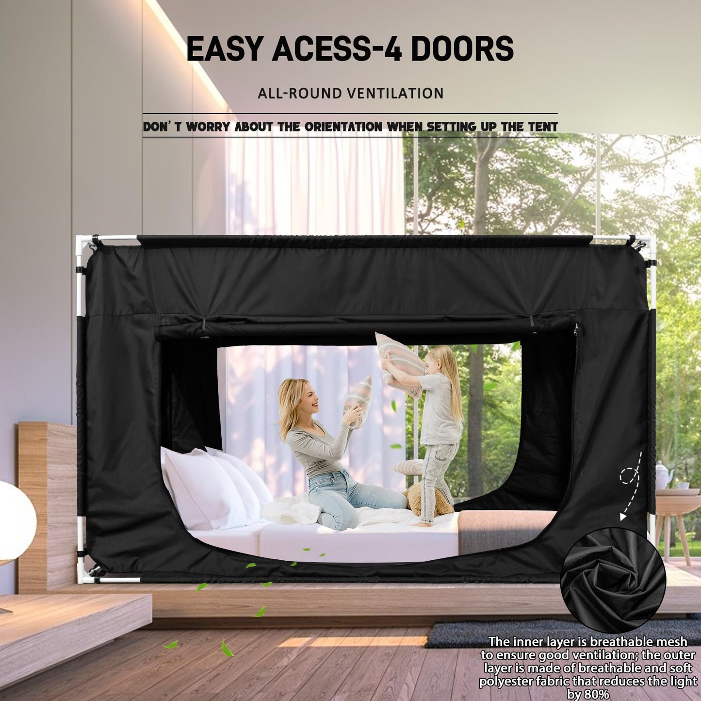 Quinnsus Bed Tent Bed Canopy Full Size Tents for Adult and Kids - Portable Sleeping Bed Tents 80% Blackout with 4 Doors Breathable Private Space Tents(Mattress Not Included)