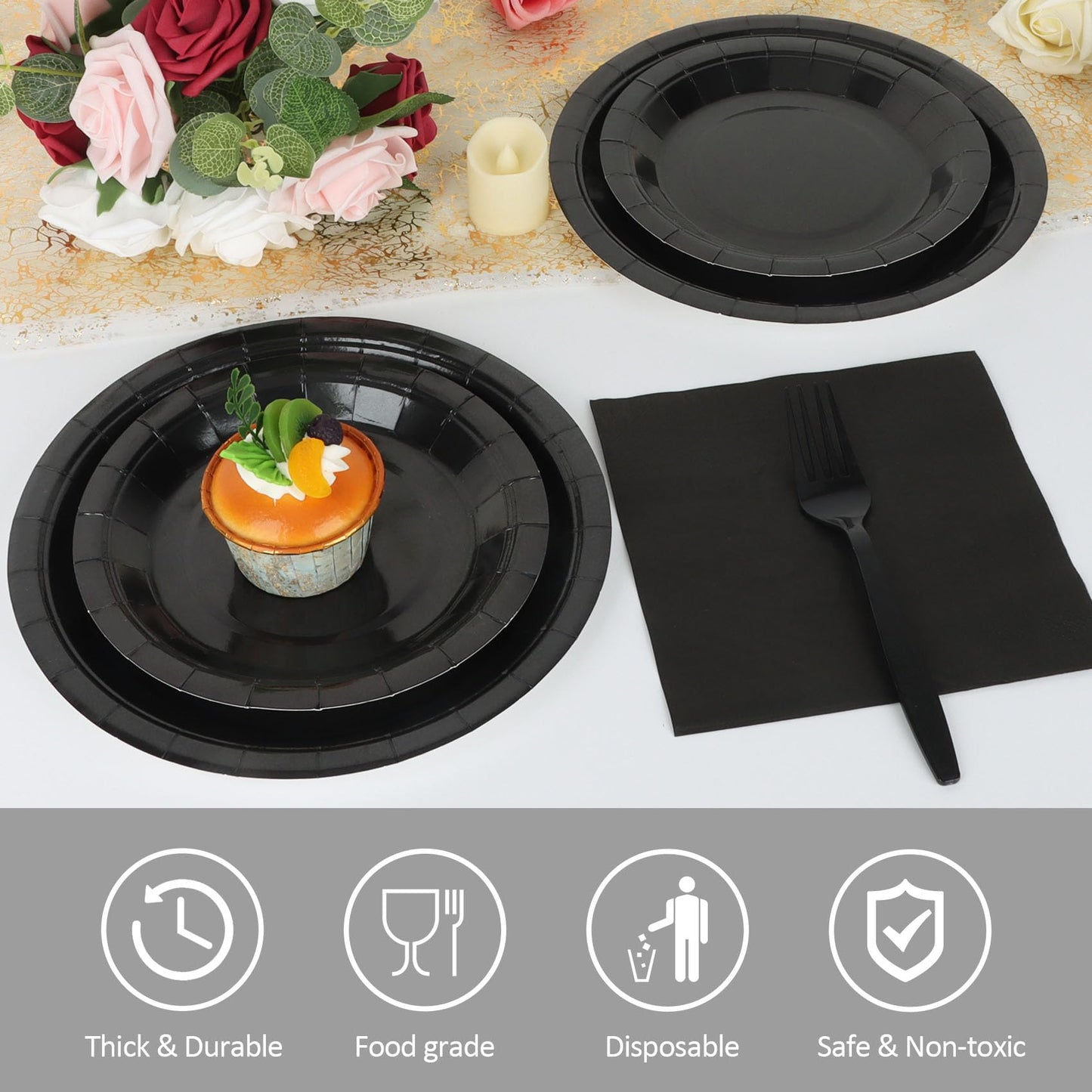 Black Paper Plates and Napkins, Disposable Black Party Plate Include 7&9INCH Plates Cups Napkins Forks Party Supplies for Father‘s Day, Graduations, Retirement, Birthday, Halloween for 25 Guests