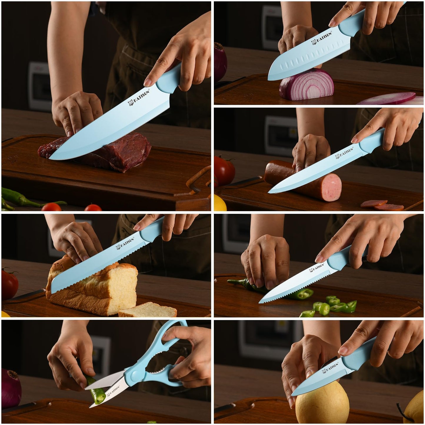 KATISUN Kitchen Knife Set with Guards, 13 Piece Blue Non-Stick High Carbon Stainless Steel Boxed Knives Set, Anti-Rust and Dishwasher Safe, 6 Knives with 6 Blade Covers and Kitchen Shears