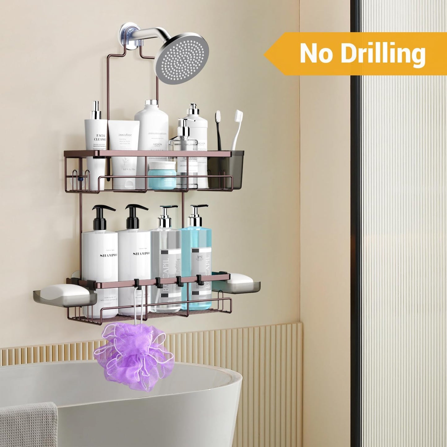 AKTECKE Shower Caddy | Rustproof Hanging Bathroom Organizer - No Drilling, Over Showerhead - Bronze