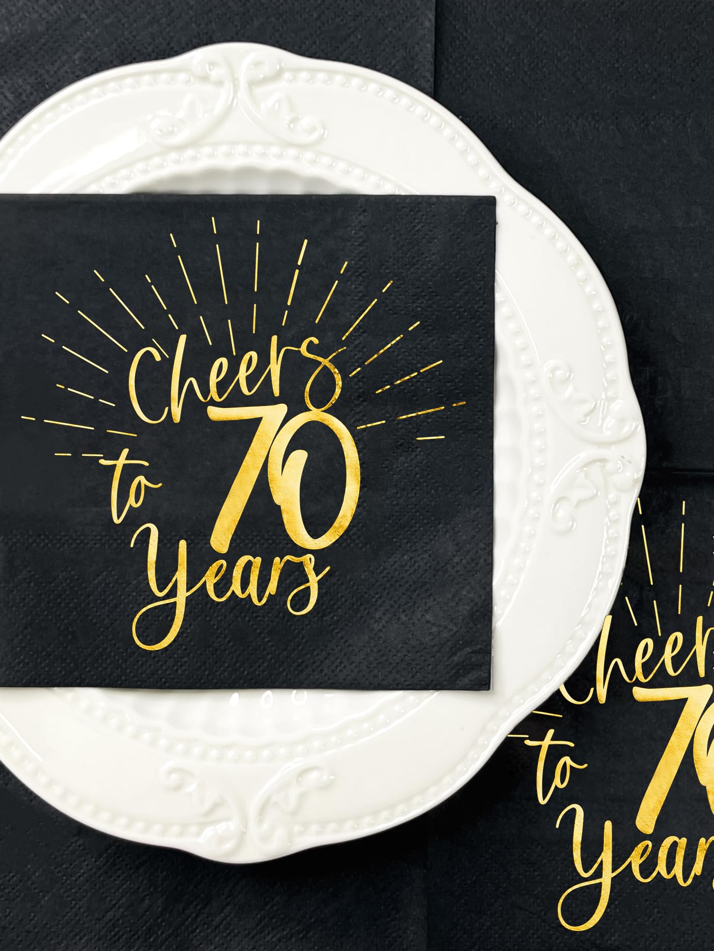 WRAPAHOLIC 50Pcs 70th Birthday Napkins - 3-Ply Disposable Paper Cocktail Napkin, Black and Gold Foil Cheers to 70 Years - 5 x 5 In