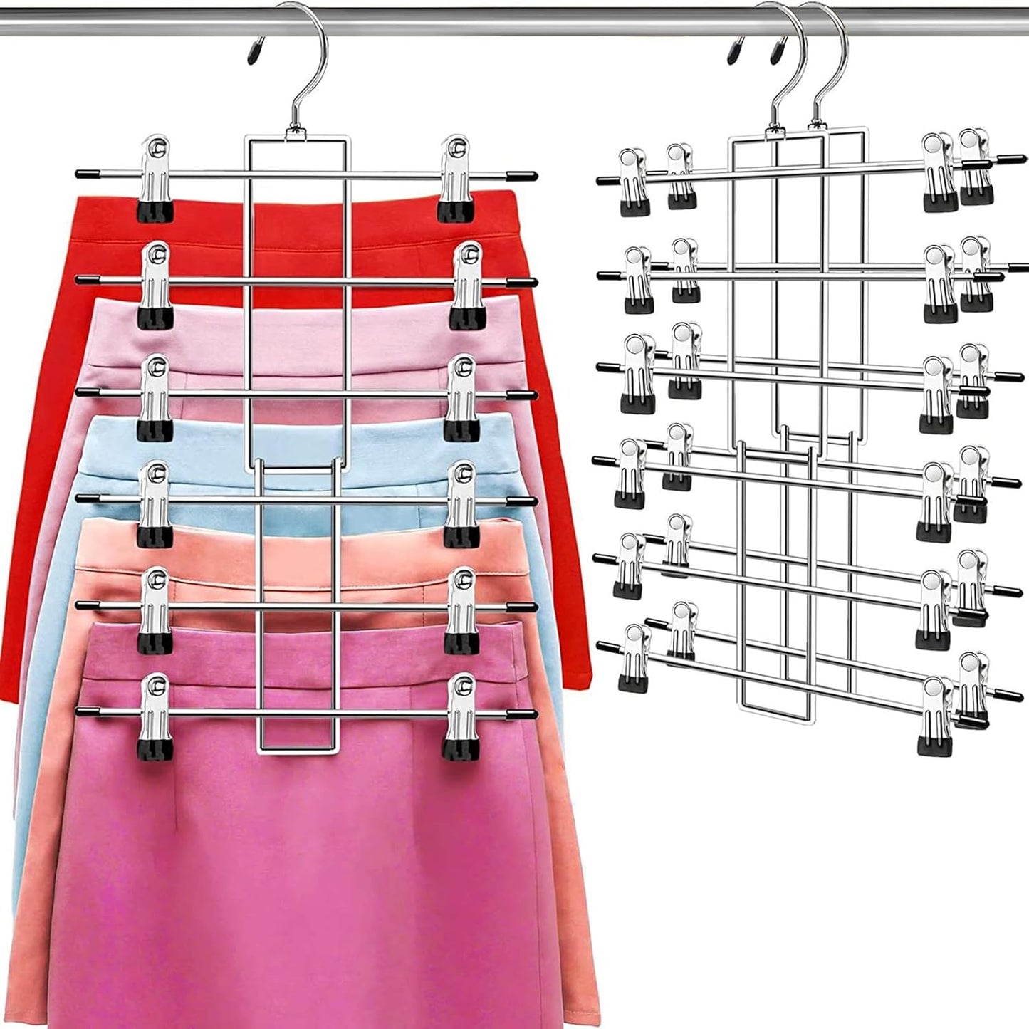 Skiennix Pants Hangers with Clips - Space-Saving 6-Tier Closet Organizer | 360° Swivel Hook - 2 Pack