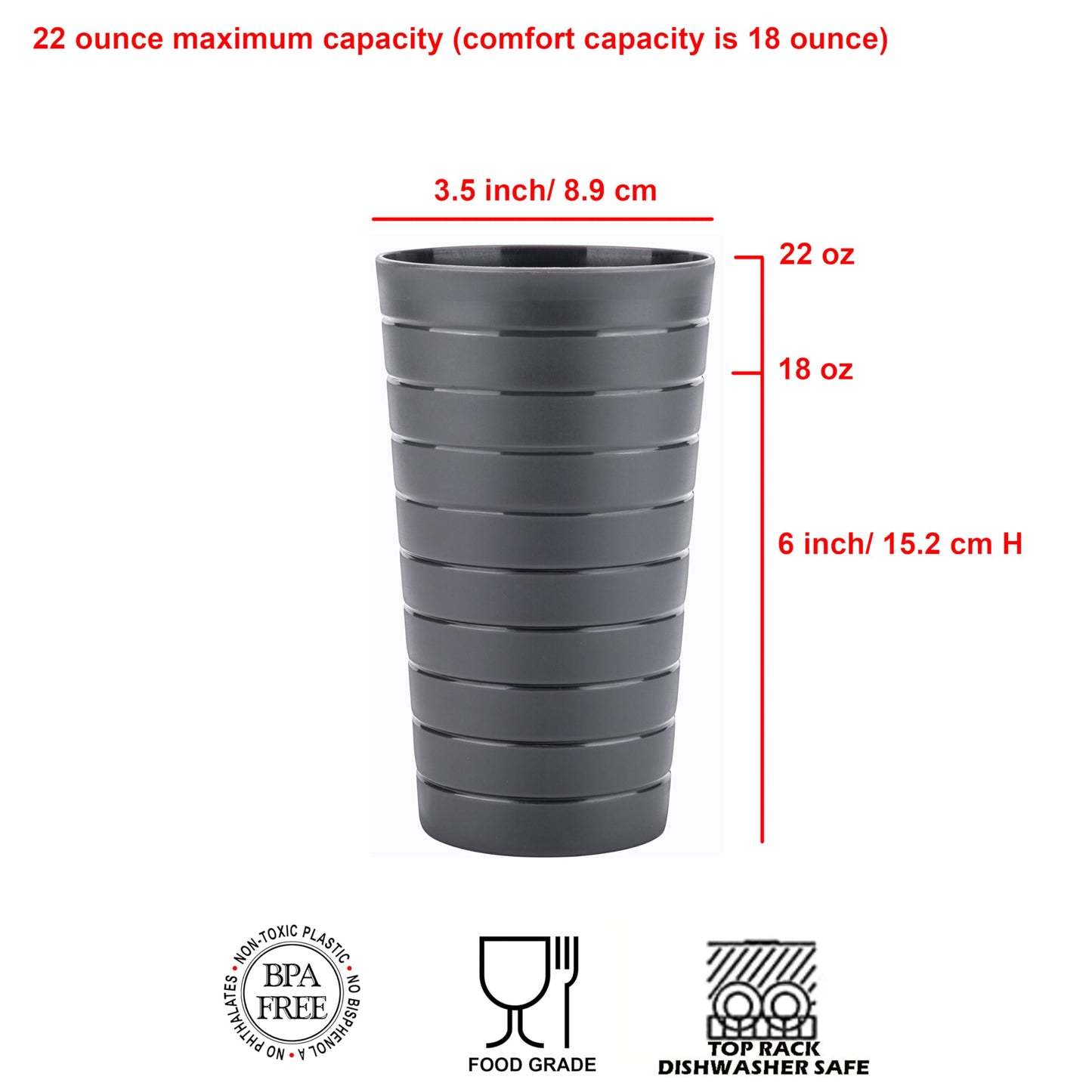 KX-WARE Mixed Drinkware 22-ounce Plastic Tumblers/Drinking Glasses/Party Cups/Iced Tea Glasses Set of 12 Grey Stone | Unbreakable, Dishwasher Safe, BPA Free