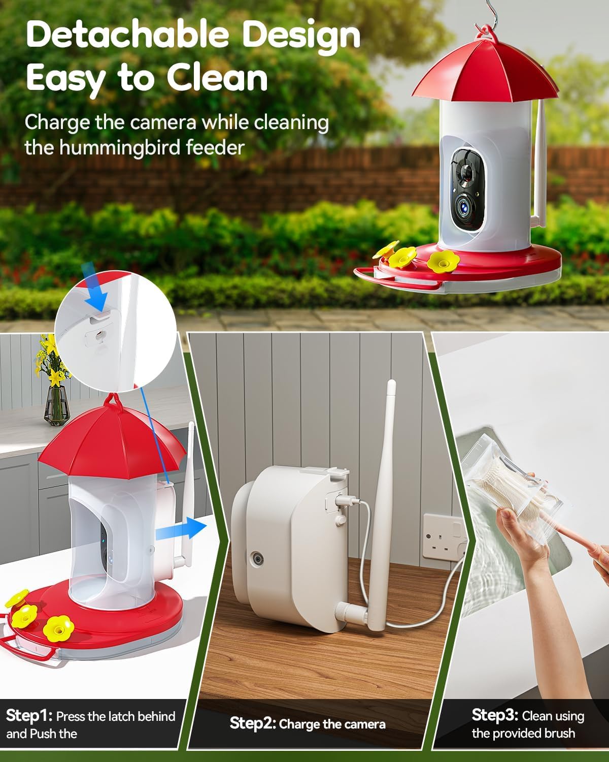 LongPlus® Hummingbird Feeder - Solar Powered Smart Bird Camera with 2K Live Video & Ant Guard Base
