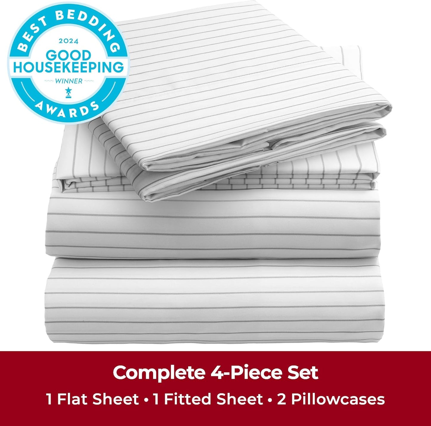 Mellanni Queen Sheets Set - Iconic Collection Luxury Bedding | Extra Soft, Cooling, Wrinkle-Resistant (Pinstripe Gray)