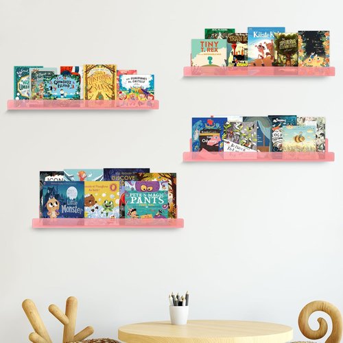 Dezzer Acrylic Floating Shelves - 15" Wall-Mounted Storage for Books, Toys & Perfume | Pink 4-Pack