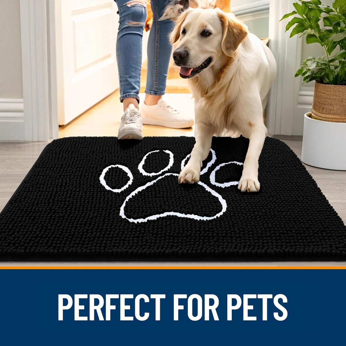 OLANLY Dog Door Mat - Absorbent Non-Slip Mud Mat for Muddy Paws | 48x30 Inches, Black Paw Print Design