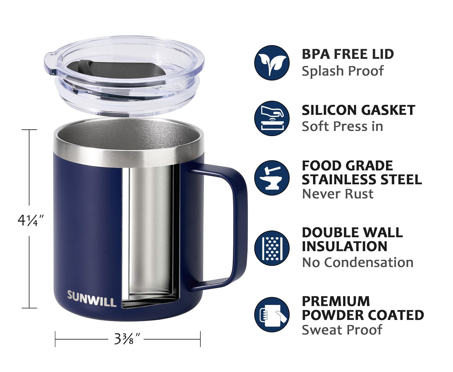 SUNWILL Travel Coffee Mug Set of 2, Insulated Tumbler with Lid, 14 oz Stainless Steel Cup with Handle for Camping, Office, Home, Powder Coated Navy Blue & Wine Red