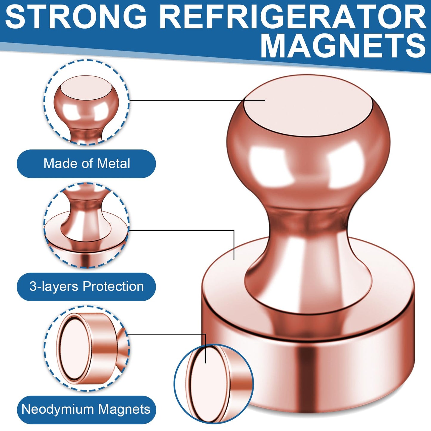 LOVIMAG 40 PCS Refrigerator Magnets, Strong Fridge Magnets for Whiteboard, Rose Gold Magnets Refrigerator Small Neodymium Magnet, Metal Push Pin Magnets for Fridge, Office, Classroom, Home,Kitchen