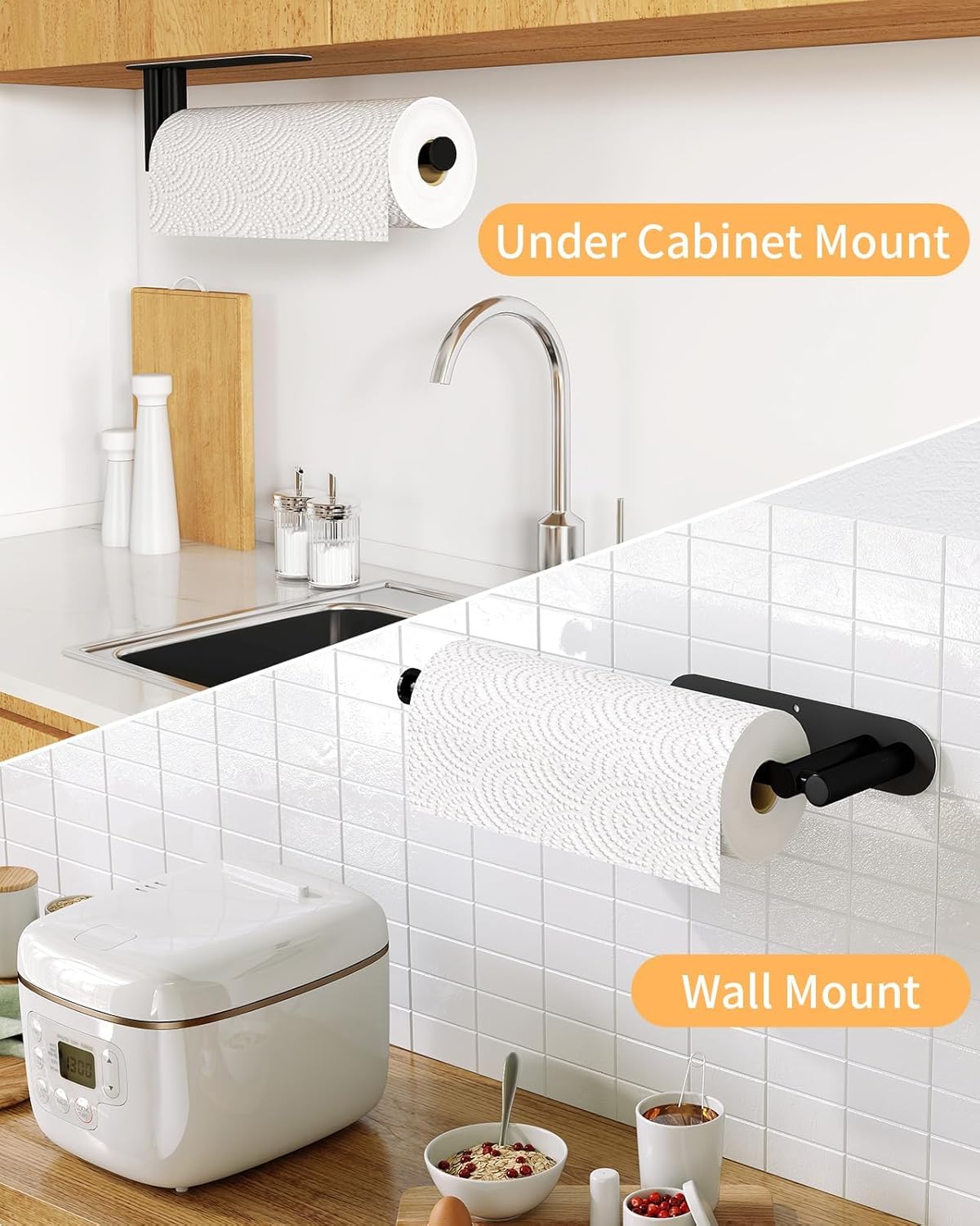Skiennix Under Cabinet Paper Towel Holder - Heavy Duty Double Pole Design, Stainless Steel, Black