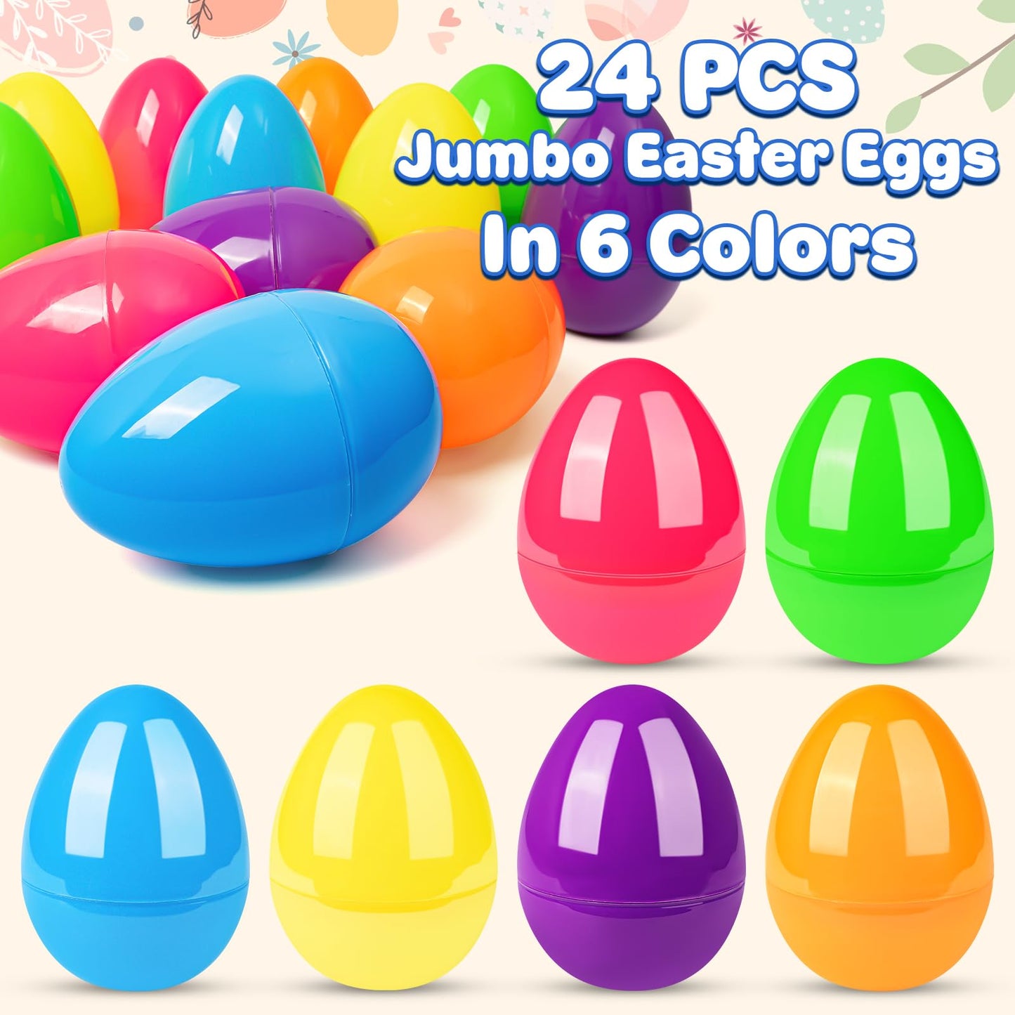 V-Opitos 24 PCS Jumbo Easter Eggs, 6 Inch Large Plastic Easter Eggs, Bulk Fillable Empty Eggs for Easter Egg Hunt, Surprise Eggs, Basket Stuffers Fillers, Easter Party Favor for Kids