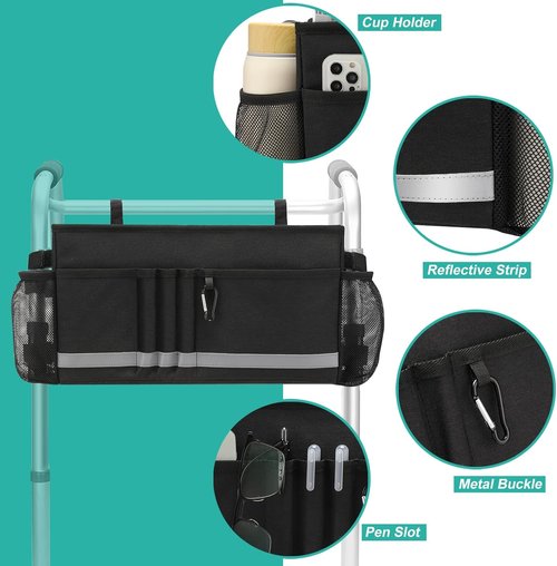 EXLIFBAG Folding Walker Bag - Convenient Walker Accessories with Cup Holder | Black Color