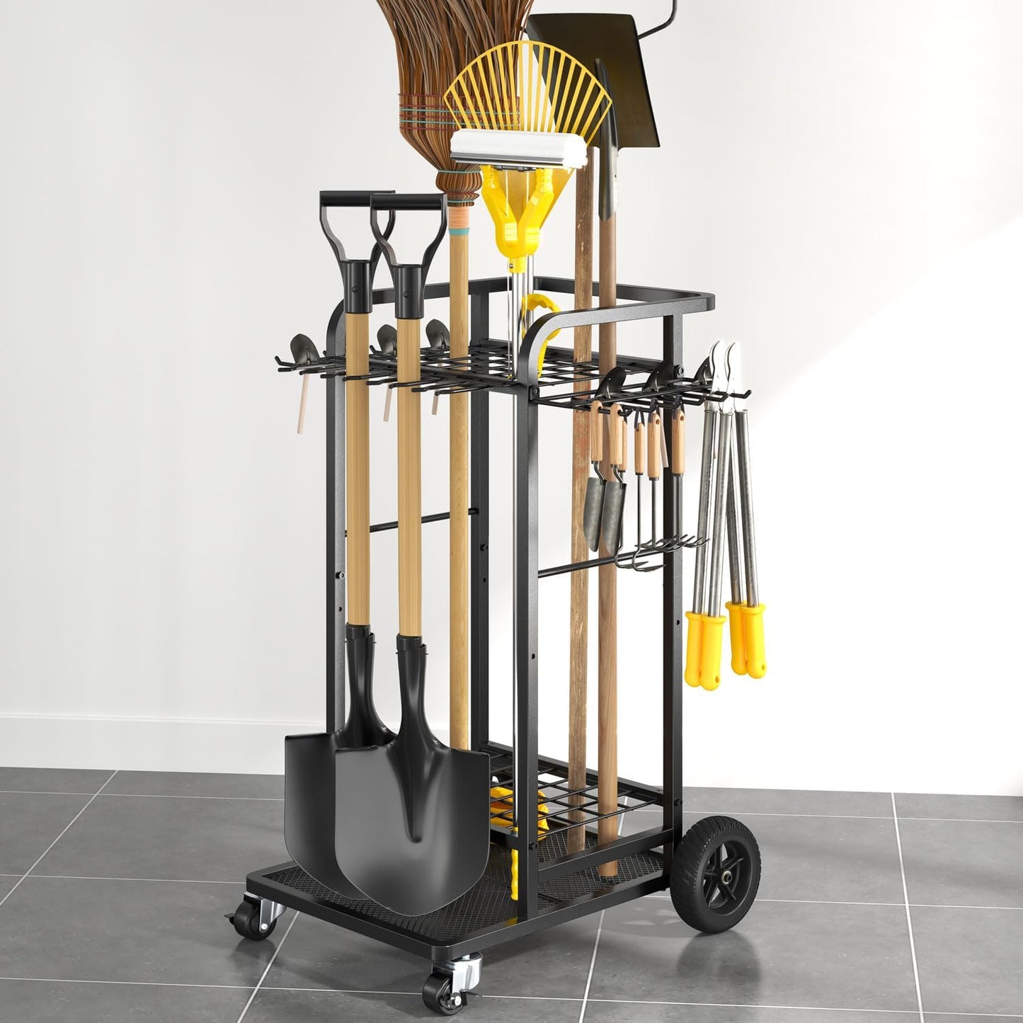 SOYEEZE Garden Tool Organizer - Heavy Duty 3-Tier Rack with Large Wheels | Holds 35 Long-Handled Tools