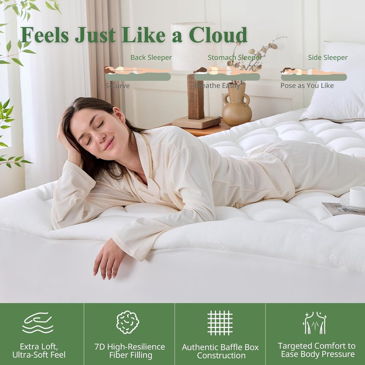 Skiennix Twin XL Mattress Topper - Bamboo Pillow Top for Cooling Comfort & Back Pain Relief, White