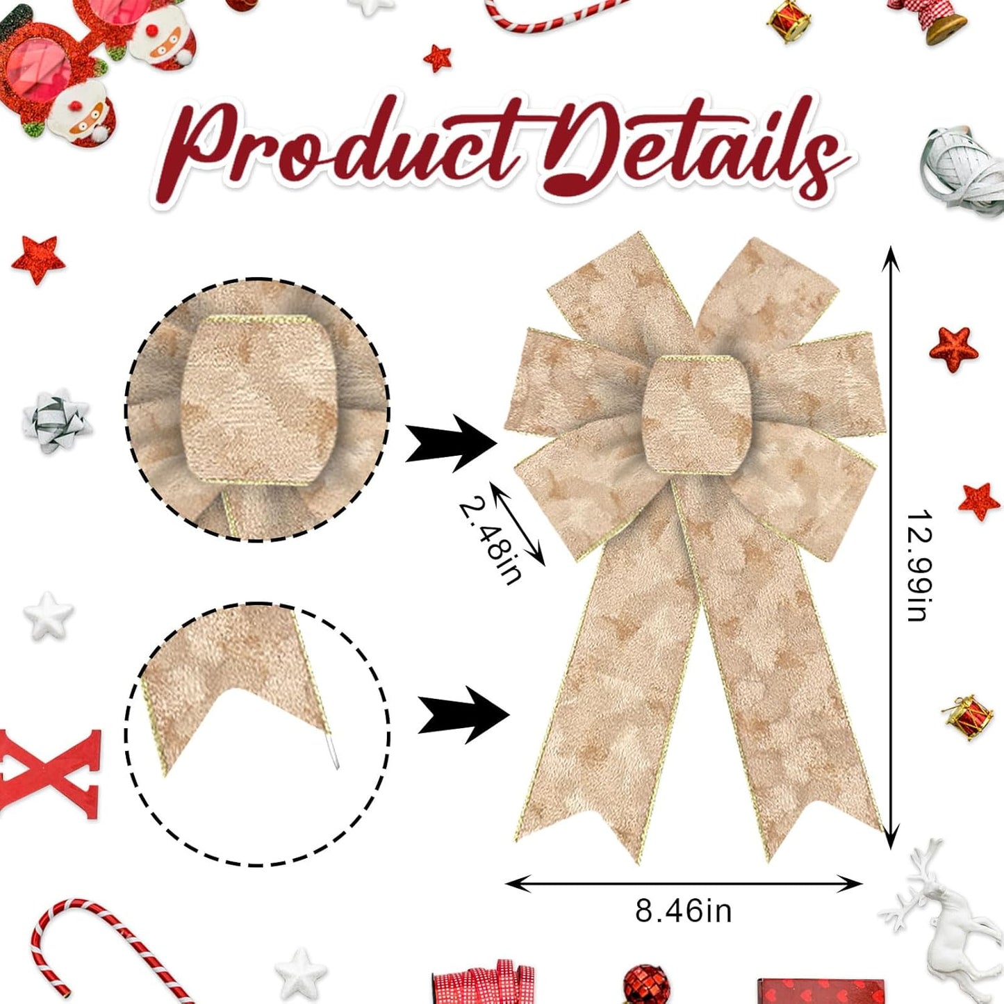On-Airstore Champagne Gold Velvet Christmas Wreath Bows - 2 Pcs Metallic Crushed Ribbon Decor