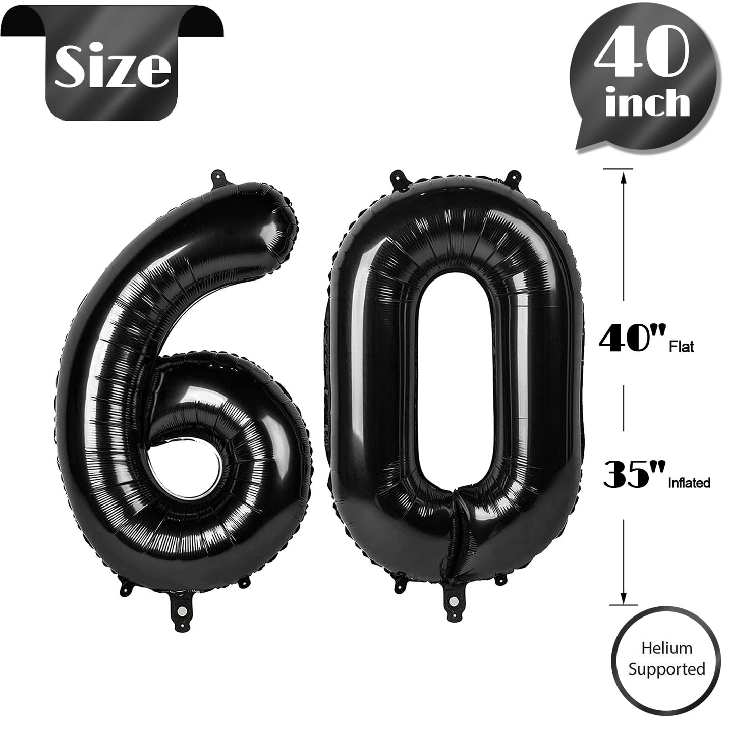 Black Number 60 Balloon 40 inch, 60 Number Balloons, 60th Black Birthday Decorations, 60 Year Old Women Men Party Supplies