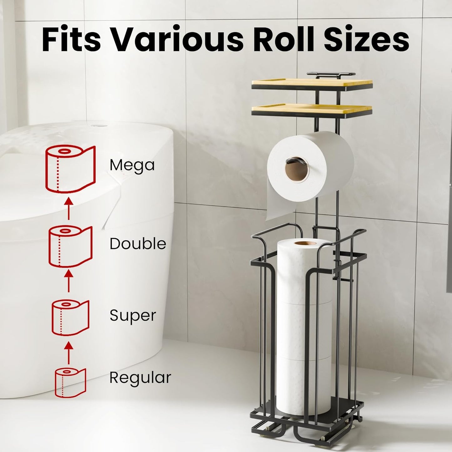 Skiennix Free Standing Toilet Paper Holder - Rustproof Metal Stand with Shelf for 4 Rolls | Black