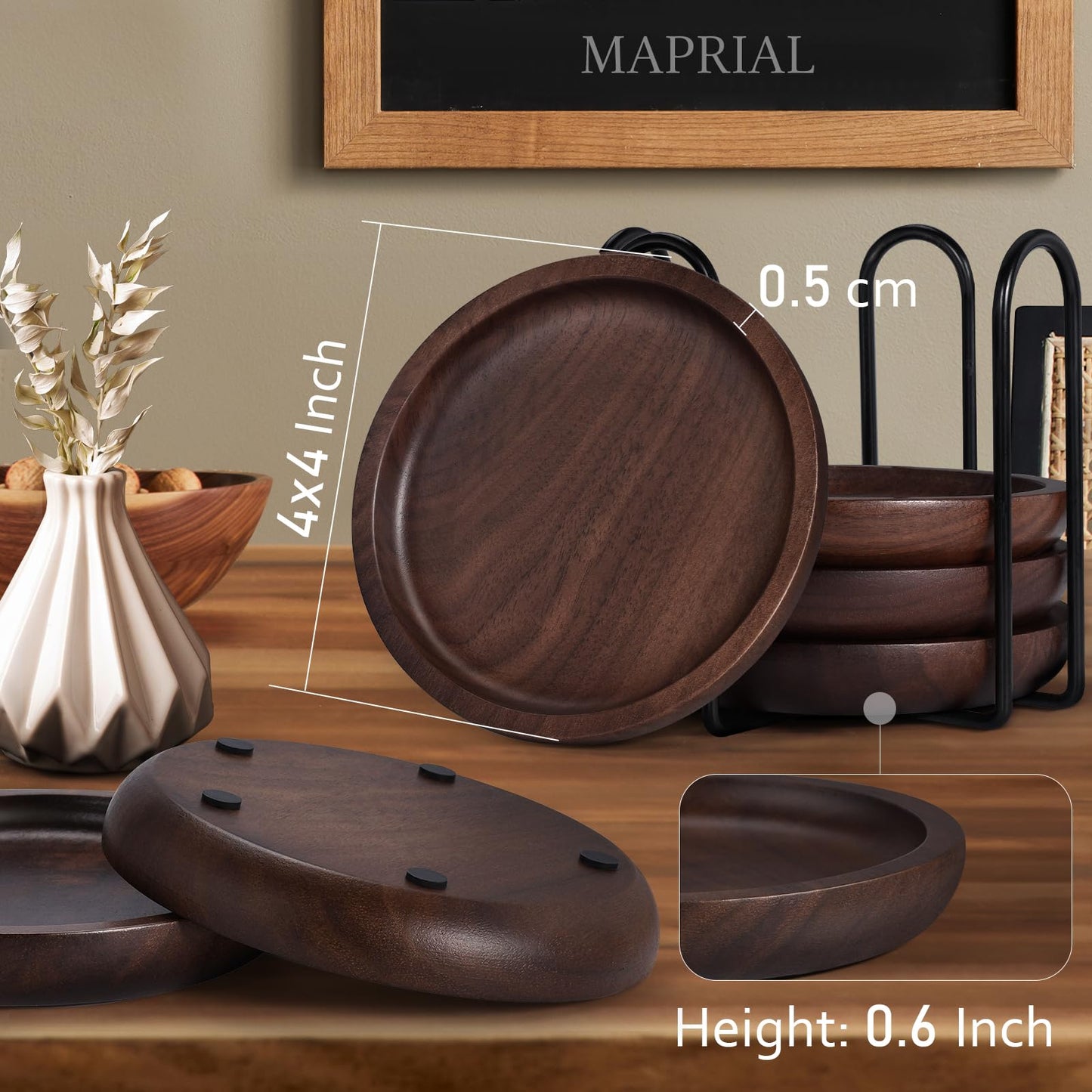 Wood Coasters Set of 6 with Holder for Drinks, MAPRIAL 4 Inch Gorgeous Wooden Coasters 100% Natural Walnut with Anti-Scratch Backing for Coffee Table, Gifts, Wedding, Party