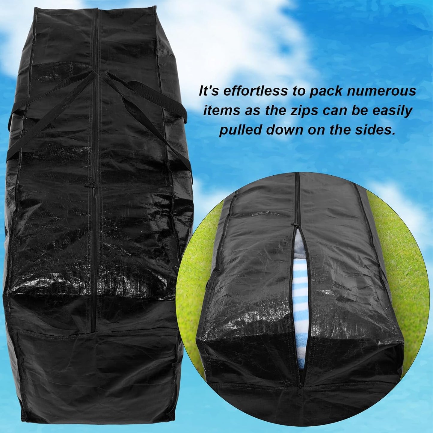 Skiennix 66 Gallon Extra Large Moving Bags - Heavy Duty Storage Tote with Strong Zipper Handle | Foldable Black Duffle for College Dorm & Travel